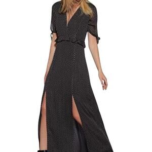 NWT Avec Les Filles V-Neck Side Split Black & White Polka Dot Maxi Dress 8